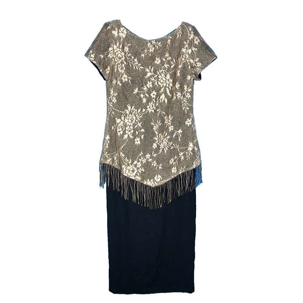 VTG VIRGO Black CREPE Metallic Gold FLORAL LACE OVERLAY w/FRINGE Sheath Dress 6